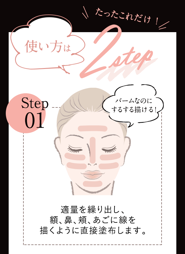 たったこれだけ！使い方は2step　Step01：適量を繰り出し、額、鼻、頬、あごに線を描くように直接塗布します。