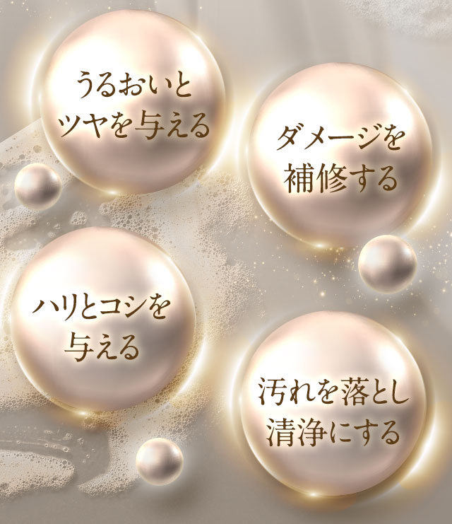 うるおいとツヤを与える、ハリとコシを与える、汚れを落とし清浄にする、ダメージを補修する